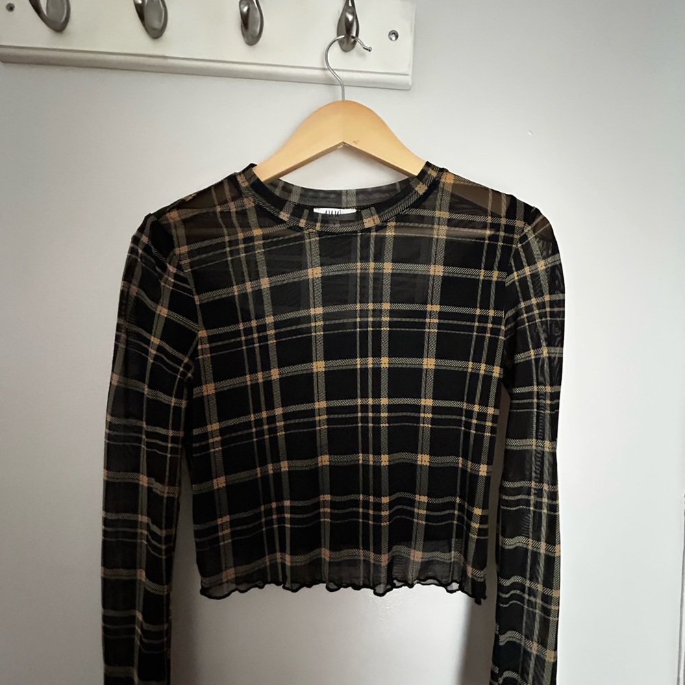 AUW Black and Tan Plaid Sheer Blouse
